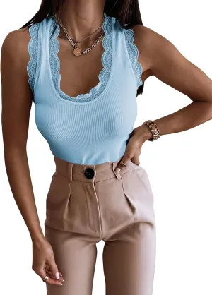 miduo Womens Slim Fit Scoop Neck Lace Trim Ribbed Knit Tanks Tops Sleeveless Blouses Shirts Tops