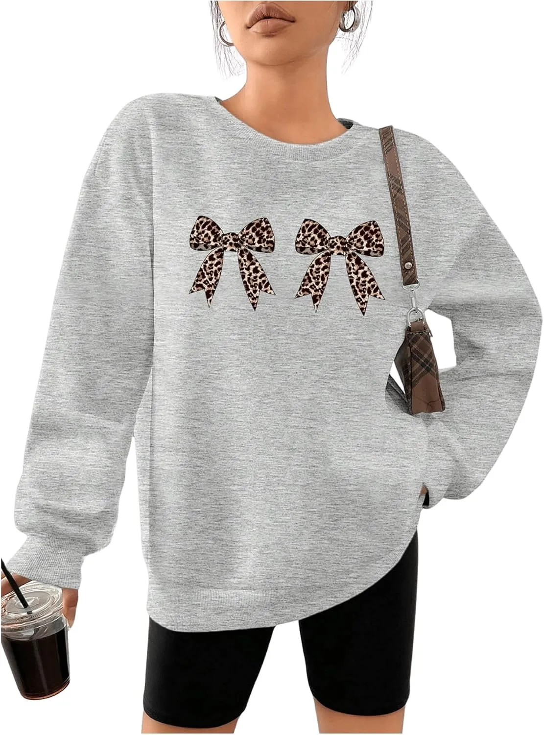 Milumia Women's Leopard Bow Print Sweatshirt Crewneck Long Sleeve Pullovers