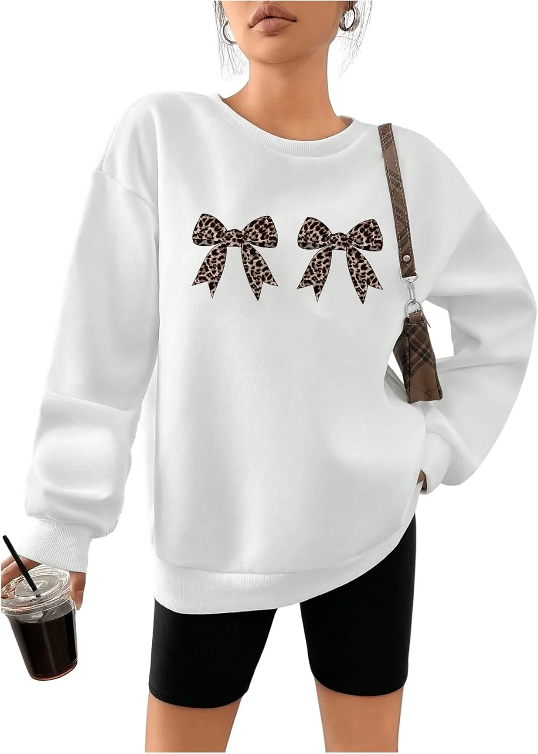 Milumia Women's Leopard Bow Print Sweatshirt Crewneck Long Sleeve Pullovers