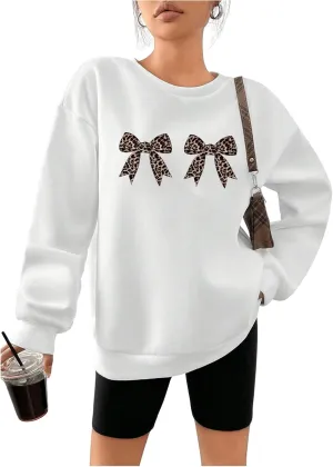 Milumia Women's Leopard Bow Print Sweatshirt Crewneck Long Sleeve Pullovers