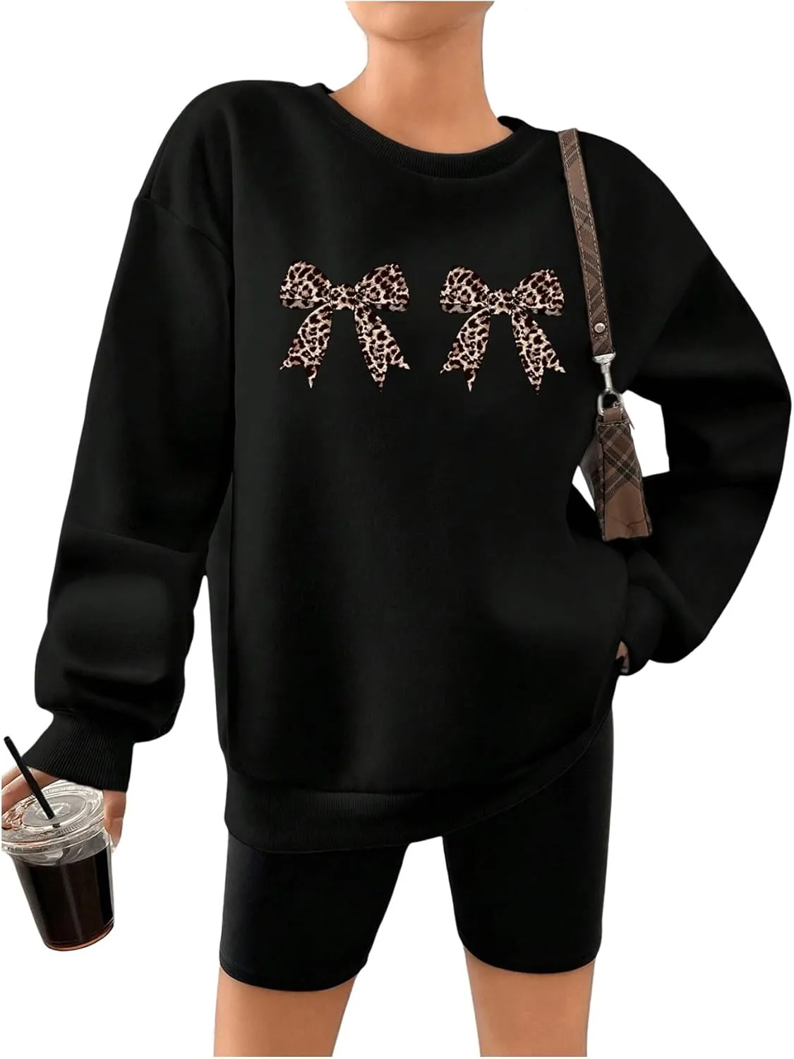 Milumia Women's Leopard Bow Print Sweatshirt Crewneck Long Sleeve Pullovers
