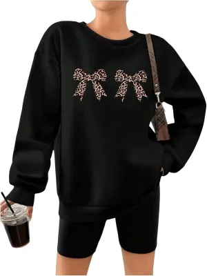 Milumia Women's Leopard Bow Print Sweatshirt Crewneck Long Sleeve Pullovers