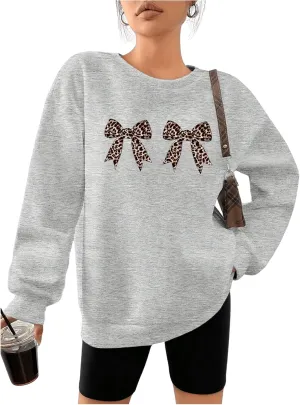 Milumia Women's Leopard Bow Print Sweatshirt Crewneck Long Sleeve Pullovers