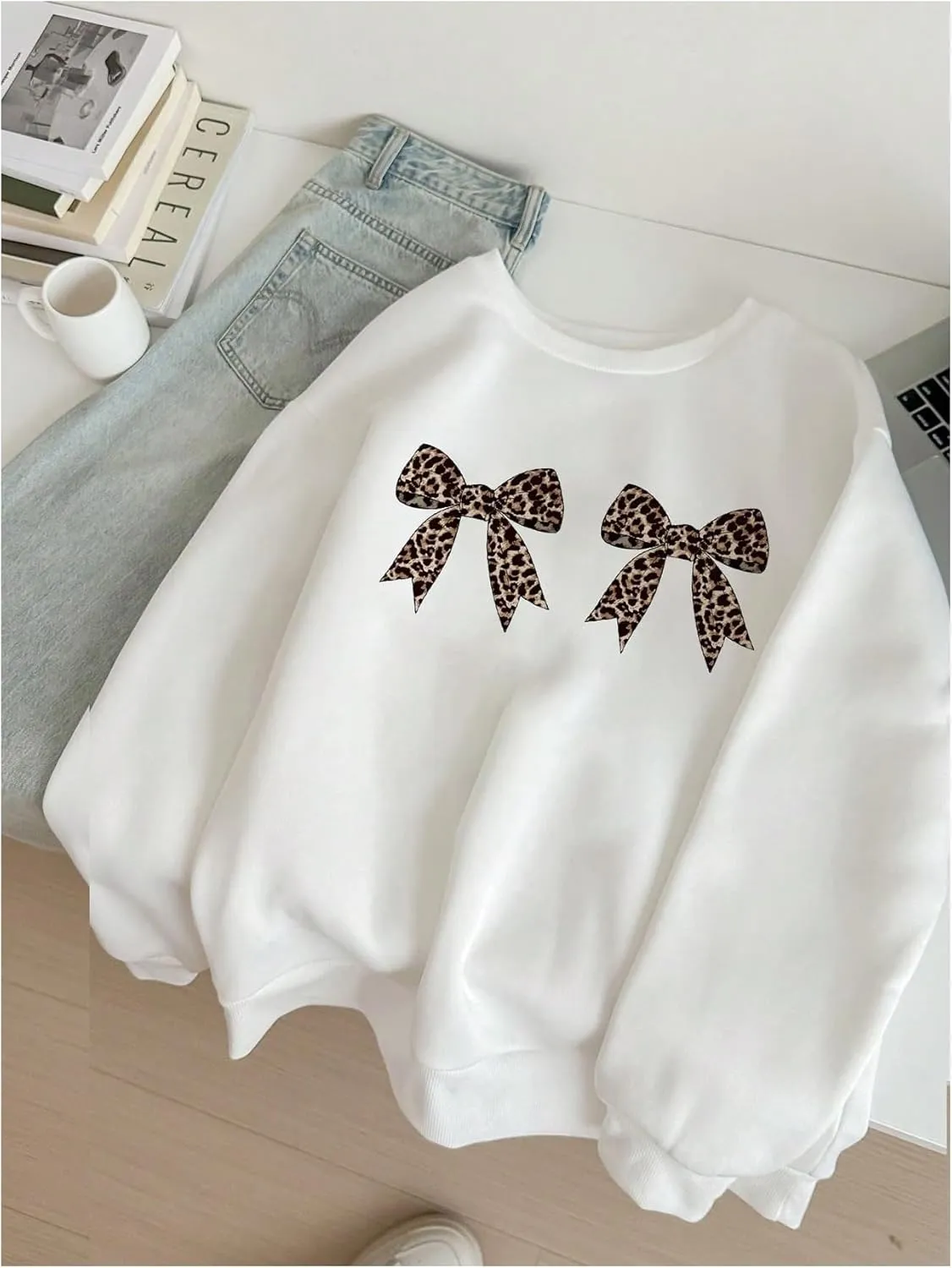 Milumia Women's Leopard Bow Print Sweatshirt Crewneck Long Sleeve Pullovers