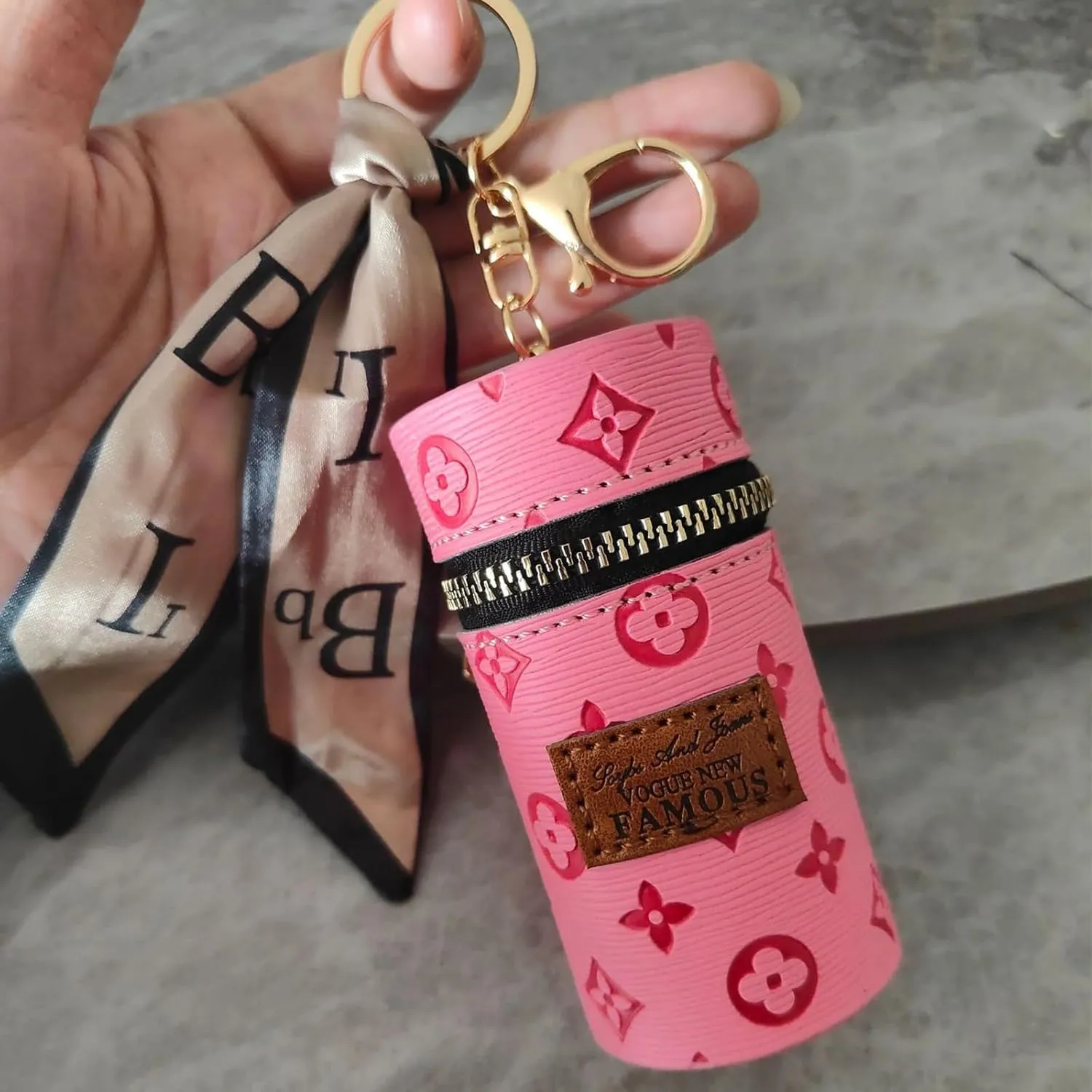 Mini Bucket Bag for Lipsticks - Portable Embossed Makeup Pouch with Drawstring, Cute Keychain Coin Purse for Women, Travel Cosmetic Organizer (Pink)