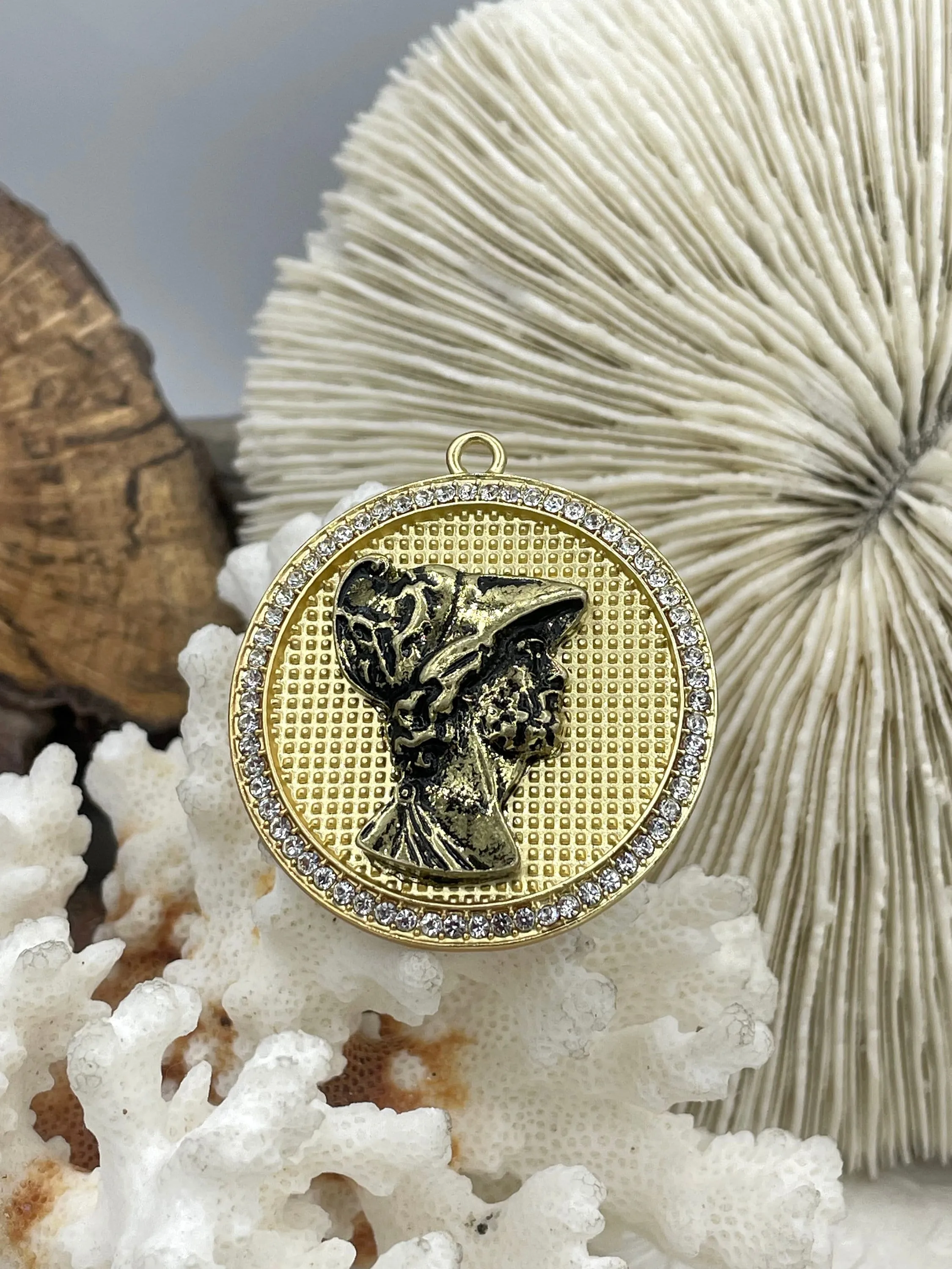 Mixed Metal Roman Figure Pendant with CZ, Round Roman Charm, 3 Styles Roman Figure Pendant, Zinc Alloy & Cubic Zirconia, Fast Ship