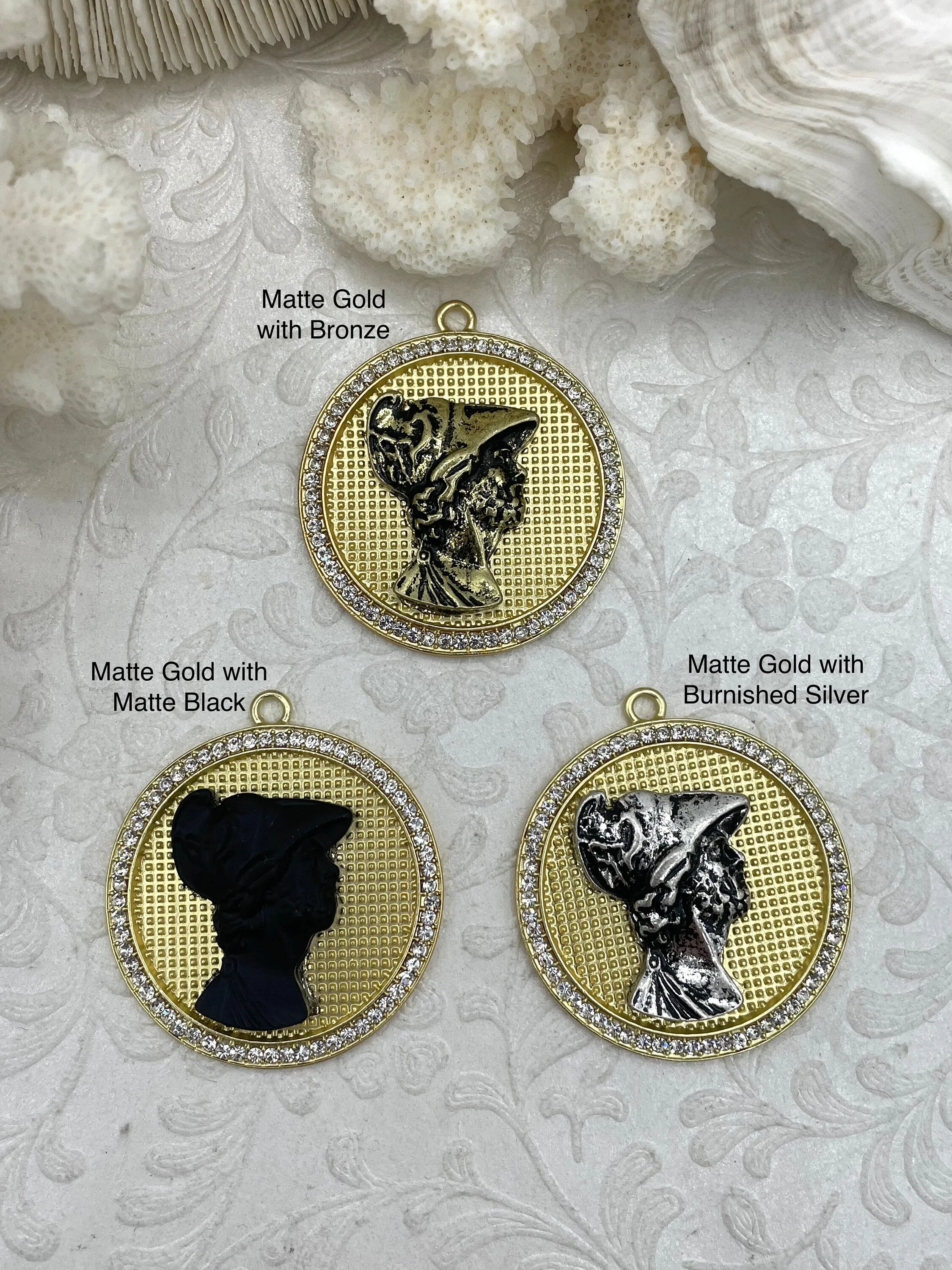 Mixed Metal Roman Figure Pendant with CZ, Round Roman Charm, 3 Styles Roman Figure Pendant, Zinc Alloy & Cubic Zirconia, Fast Ship