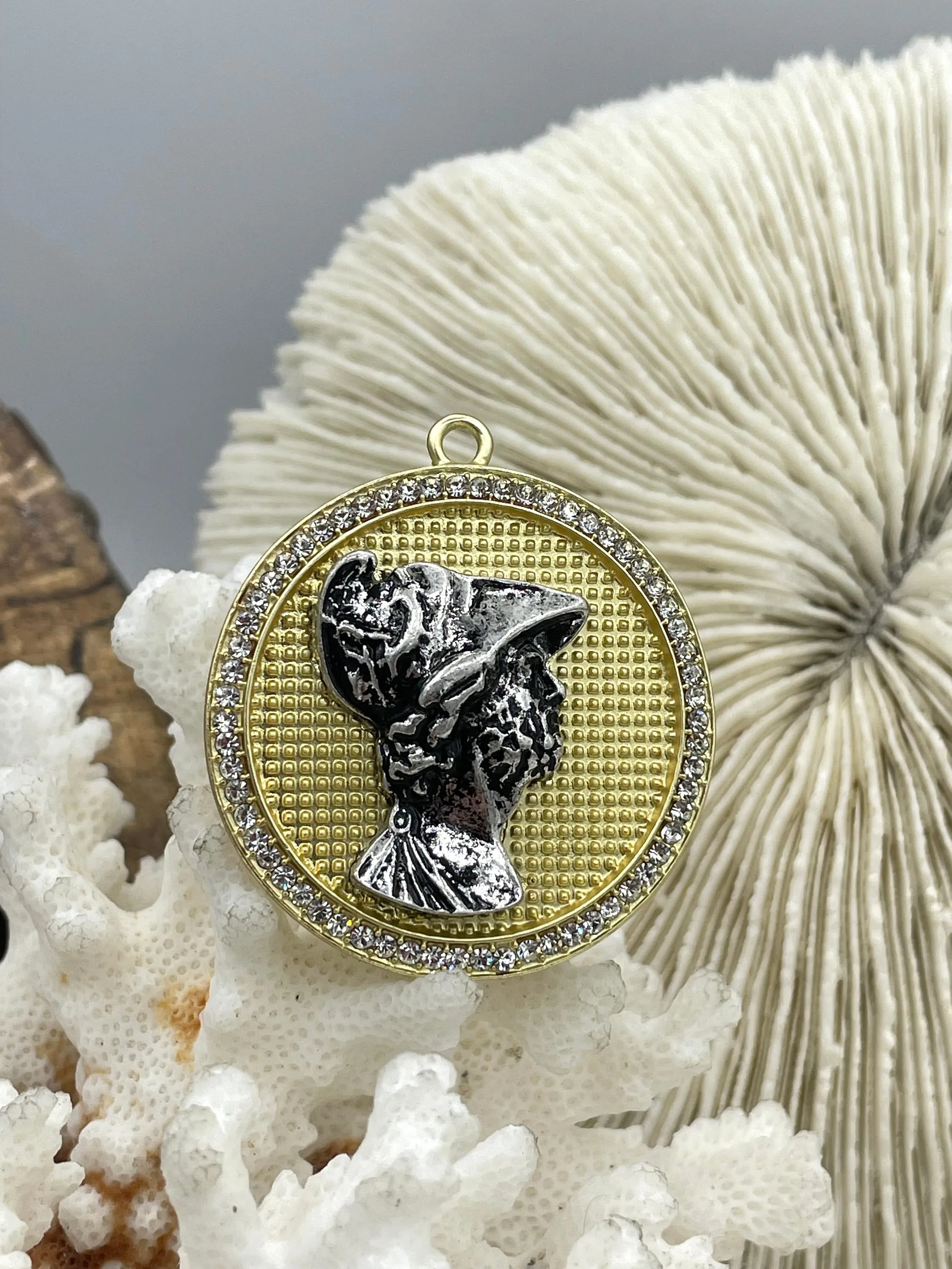 Mixed Metal Roman Figure Pendant with CZ, Round Roman Charm, 3 Styles Roman Figure Pendant, Zinc Alloy & Cubic Zirconia, Fast Ship
