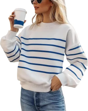 MsavigVice Women's Striped Sweatshirts with Pockets Color Block Long Sleeves Crew Neck Pullover Casual Loose Stylish Tops