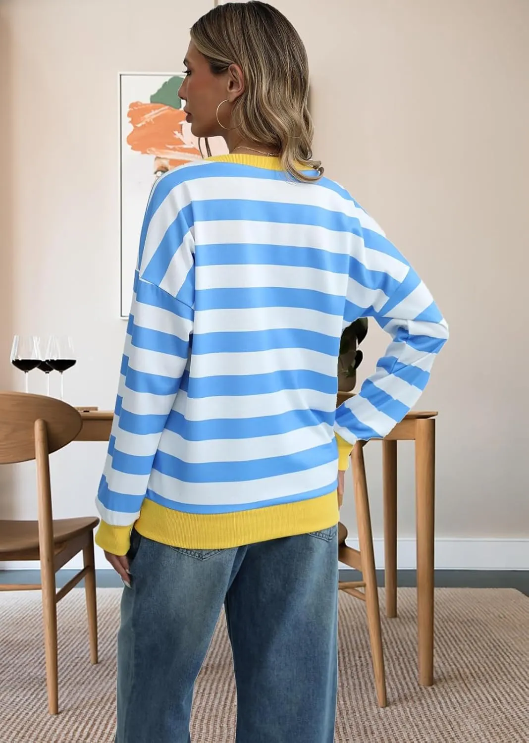 MsavigVice Women's Striped Sweatshirts with Pockets Color Block Long Sleeves Crew Neck Pullover Casual Loose Stylish Tops