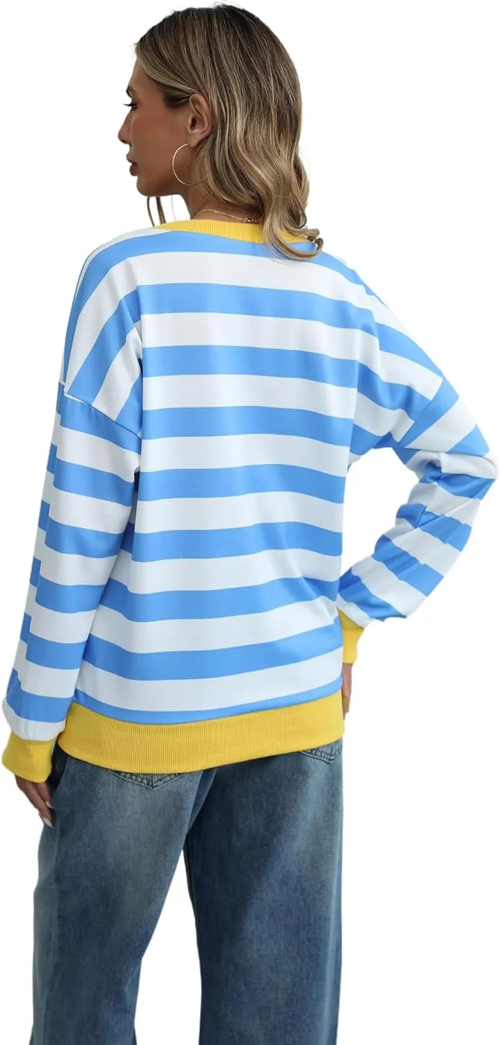 MsavigVice Women's Striped Sweatshirts with Pockets Color Block Long Sleeves Crew Neck Pullover Casual Loose Stylish Tops