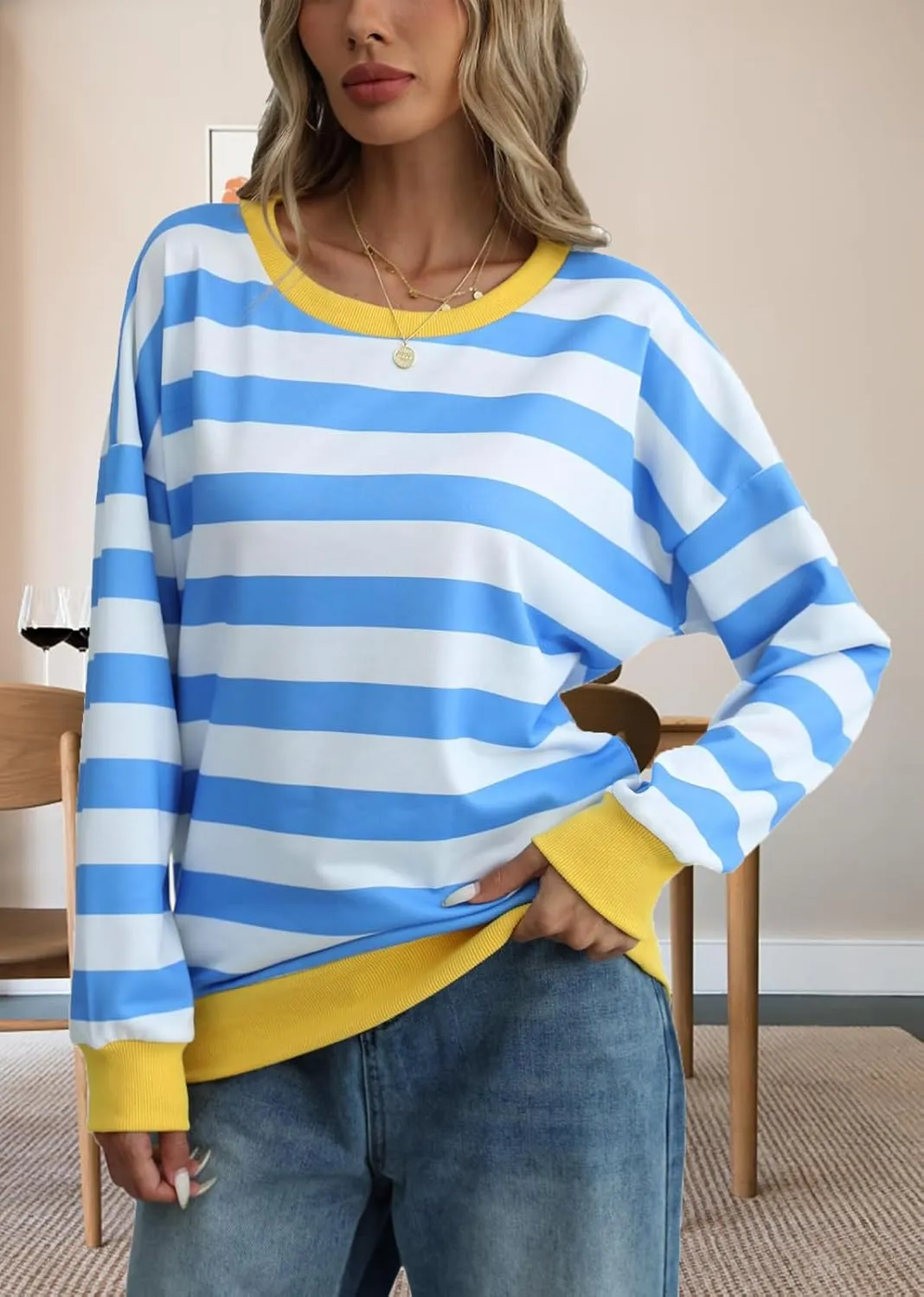 MsavigVice Women's Striped Sweatshirts with Pockets Color Block Long Sleeves Crew Neck Pullover Casual Loose Stylish Tops