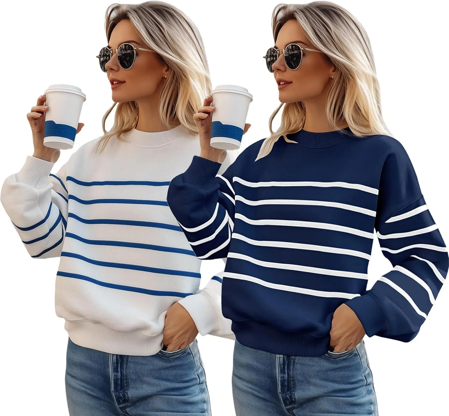 MsavigVice Women's Striped Sweatshirts with Pockets Color Block Long Sleeves Crew Neck Pullover Casual Loose Stylish Tops