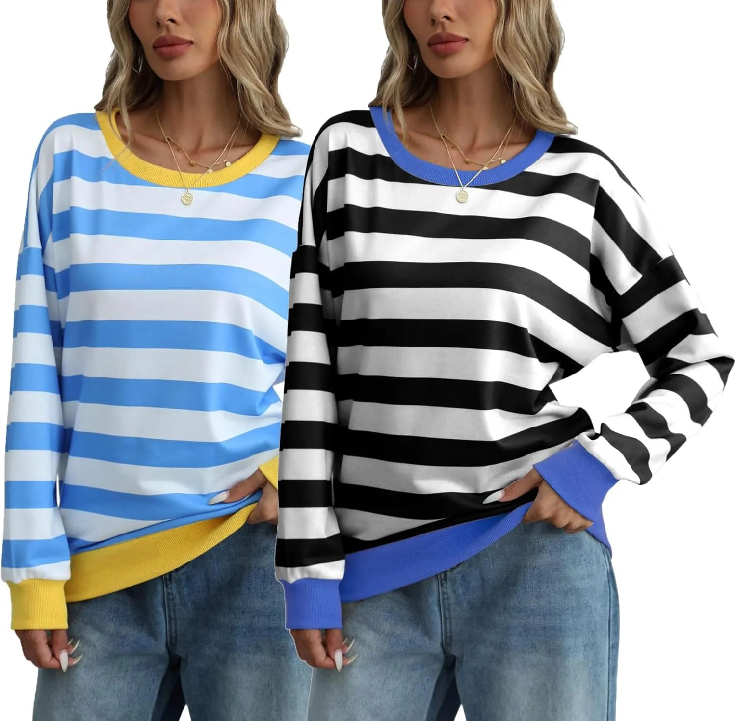 MsavigVice Women's Striped Sweatshirts with Pockets Color Block Long Sleeves Crew Neck Pullover Casual Loose Stylish Tops