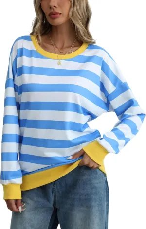 MsavigVice Women's Striped Sweatshirts with Pockets Color Block Long Sleeves Crew Neck Pullover Casual Loose Stylish Tops