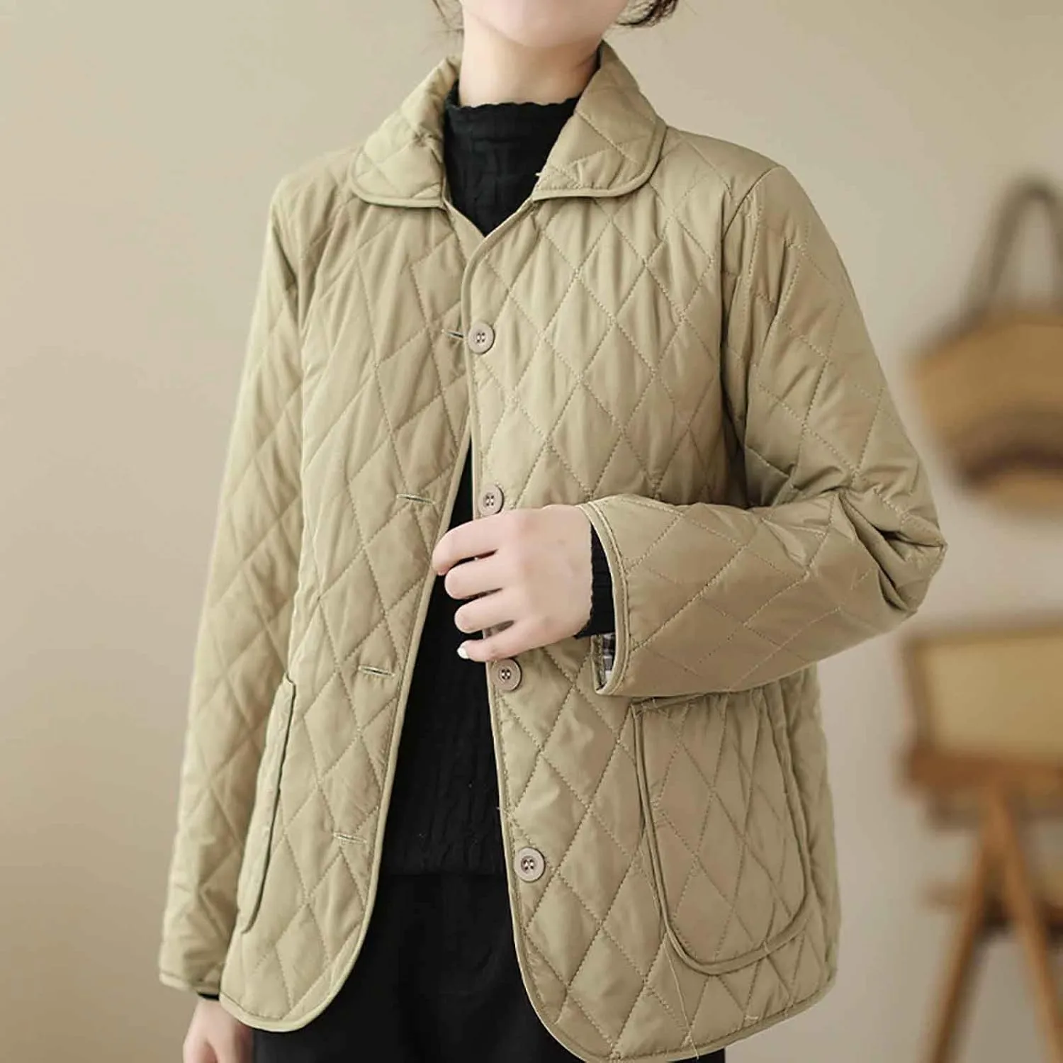 NATHGAM Lightweight Quilted Jackets for Women Winter Loose Fitted Diamond Padded Coats Textured Button Down Cotton Outwears