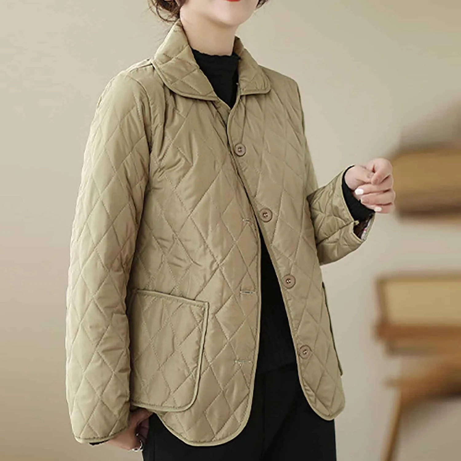 NATHGAM Lightweight Quilted Jackets for Women Winter Loose Fitted Diamond Padded Coats Textured Button Down Cotton Outwears