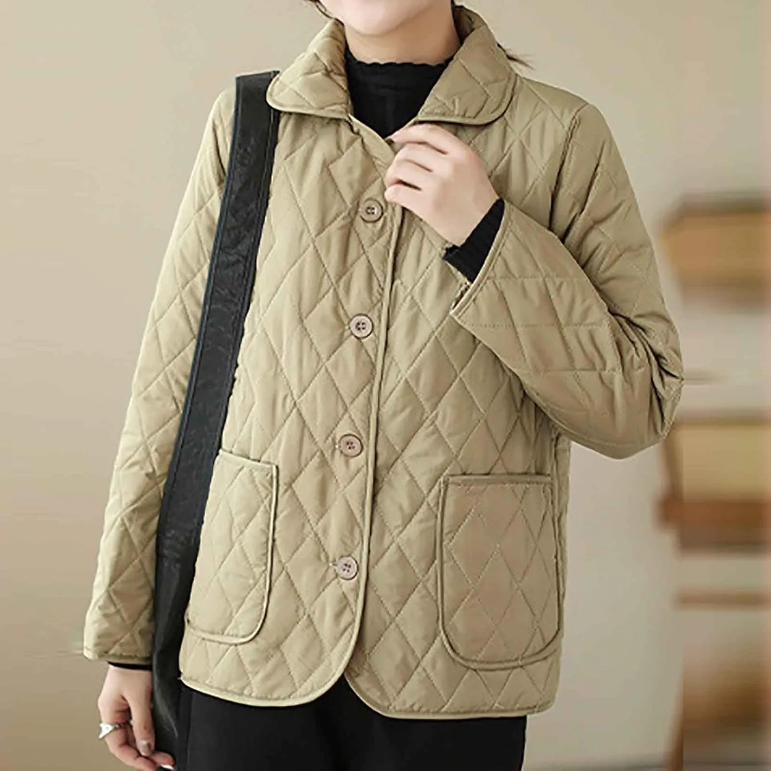 NATHGAM Lightweight Quilted Jackets for Women Winter Loose Fitted Diamond Padded Coats Textured Button Down Cotton Outwears