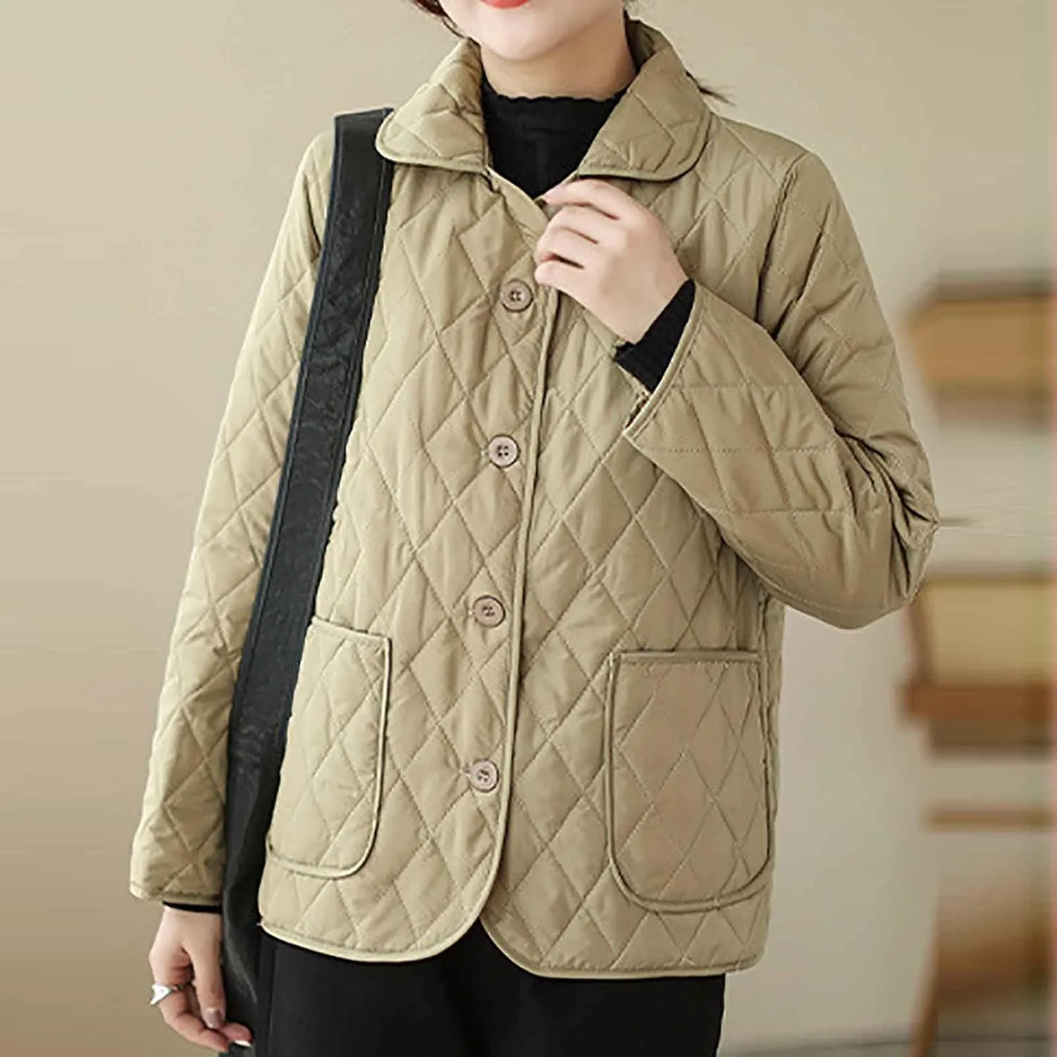 NATHGAM Lightweight Quilted Jackets for Women Winter Loose Fitted Diamond Padded Coats Textured Button Down Cotton Outwears