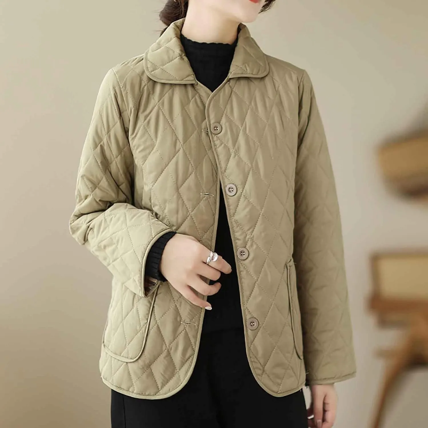 NATHGAM Lightweight Quilted Jackets for Women Winter Loose Fitted Diamond Padded Coats Textured Button Down Cotton Outwears