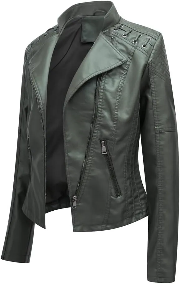 NATHGAM Womens Leather Jacket Long Sleeve Cropped Tops with Zipper Pockets Lightweight Vegan Lapel Biker Jacket Outerwear
