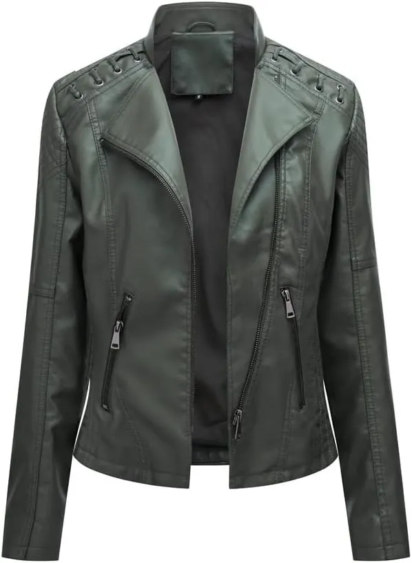 NATHGAM Womens Leather Jacket Long Sleeve Cropped Tops with Zipper Pockets Lightweight Vegan Lapel Biker Jacket Outerwear