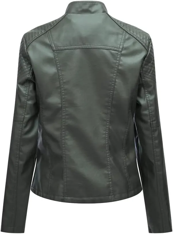 NATHGAM Womens Leather Jacket Long Sleeve Cropped Tops with Zipper Pockets Lightweight Vegan Lapel Biker Jacket Outerwear