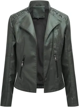 NATHGAM Womens Leather Jacket Long Sleeve Cropped Tops with Zipper Pockets Lightweight Vegan Lapel Biker Jacket Outerwear