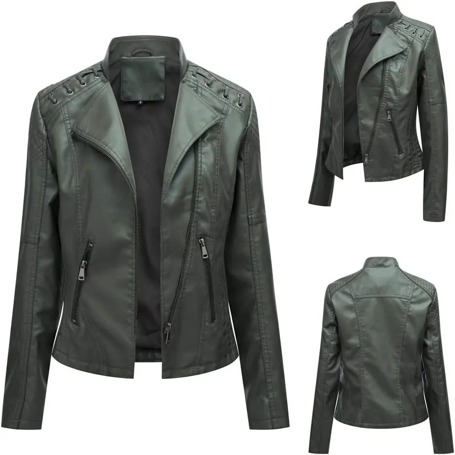 NATHGAM Womens Leather Jacket Long Sleeve Cropped Tops with Zipper Pockets Lightweight Vegan Lapel Biker Jacket Outerwear