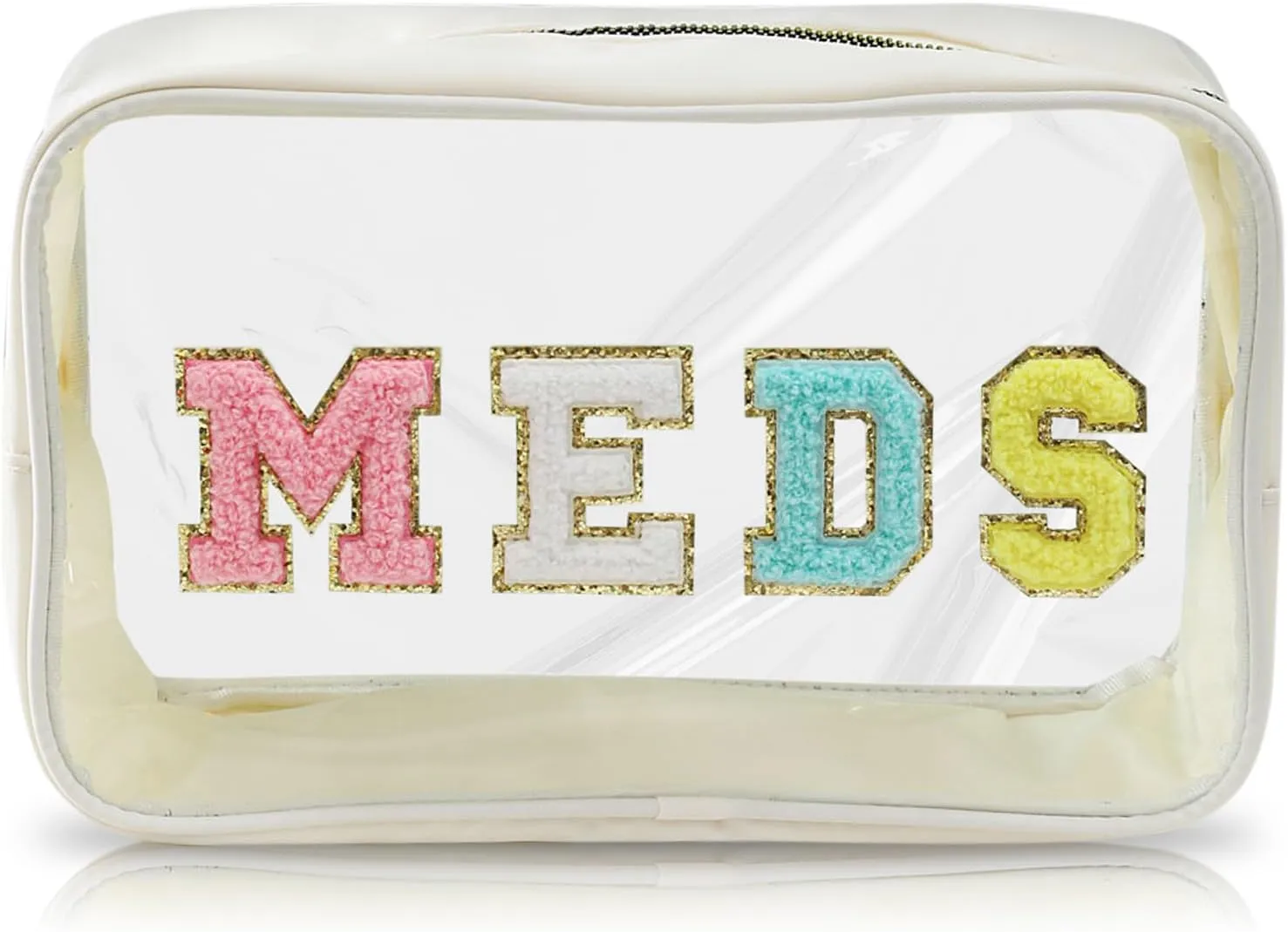 nishel travel toiletry bag for women - off-white cosmetic pouch with golden zipper, meds patch & transparent pvc, ideal for sunscreen, pill bags, travel medicine organizer, 10.63x3.94x6.69 in