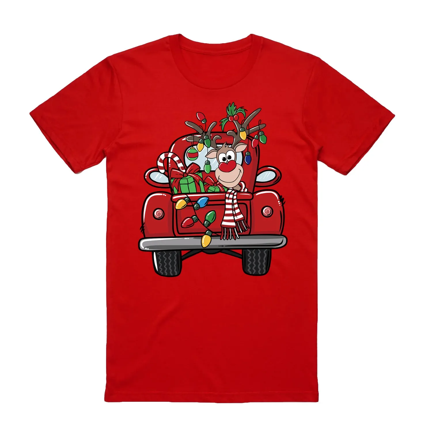 NNEDSZ 100% Cotton Christmas T-shirt Adult Unisex Tee Tops Funny Santa Party Custume, Car with Reindeer (Red), XL