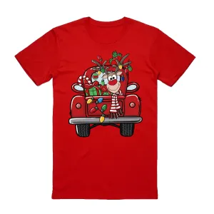 NNEDSZ 100% Cotton Christmas T-shirt Adult Unisex Tee Tops Funny Santa Party Custume, Car with Reindeer (Red), XL