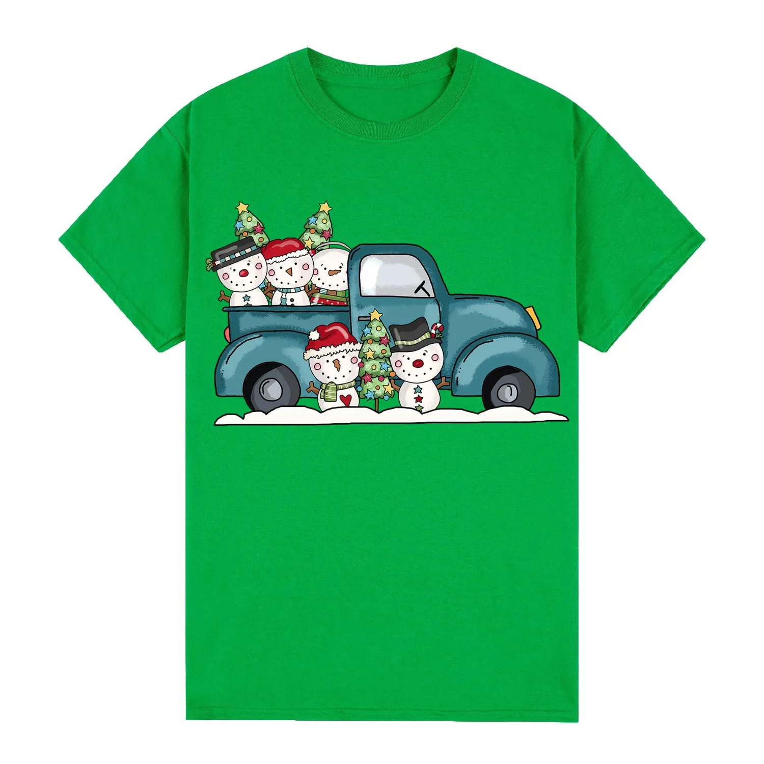 NNEDSZ 100% Cotton Christmas T-shirt Adult Unisex Tee Tops Funny Santa Party Custume, Car with Snowman (Green), M