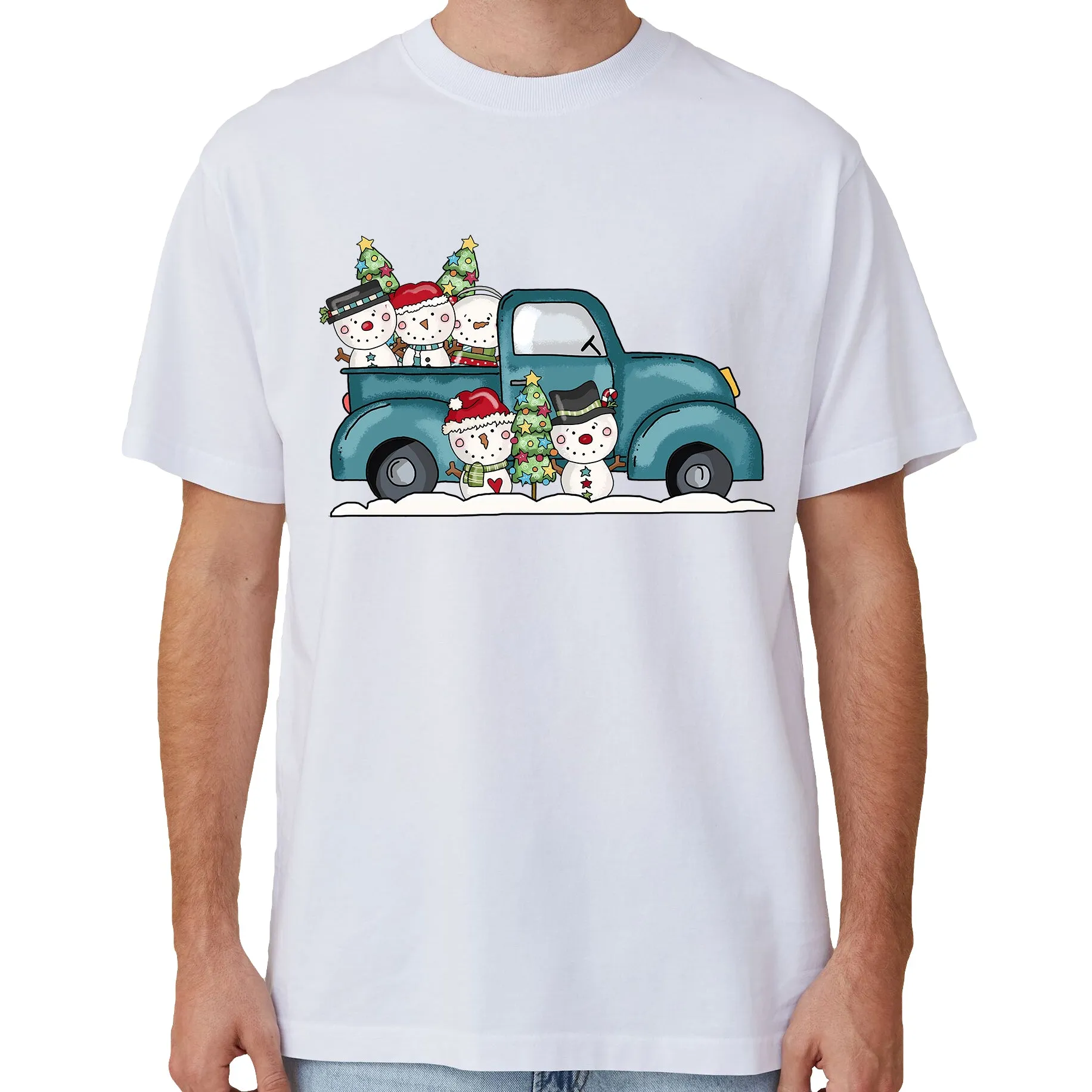 NNEDSZ 100% Cotton Christmas T-shirt Adult Unisex Tee Tops Funny Santa Party Custume, Car with Snowman (White), 2XL