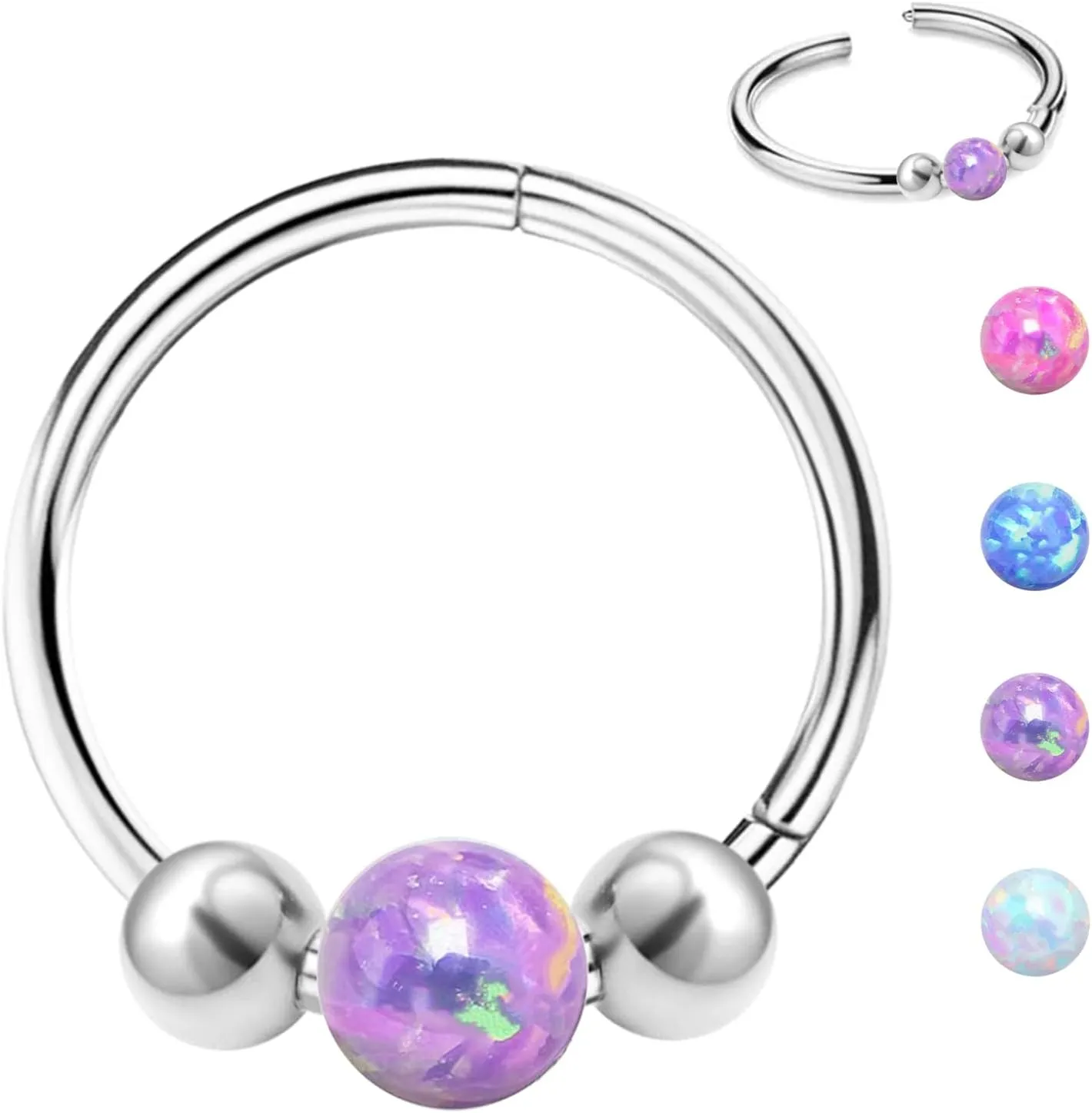 Nose Rings Hoops 316L Surgical Steel Septum Hoop Nose Ring Opal Nose Piercings Jewelry 18G Hinged Helix Rook Conch Cartilage Daith Tragus Earring for Women Men