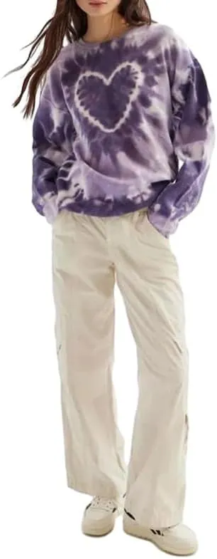 NUFIWI Tie Dye Heart Pattern Crew Neck Sweatshirt Long Sleeve Aesthetic Pink Pullover Tops Oversized Y2K Love Autumn Wear