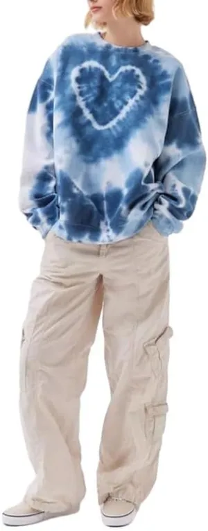 NUFIWI Tie Dye Heart Pattern Crew Neck Sweatshirt Long Sleeve Aesthetic Pink Pullover Tops Oversized Y2K Love Autumn Wear