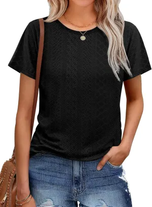 OFEEFAN Short Sleeve Tshirts for Women Summer Eyelet Short Sleeve Tops Loose Casual Basic Tee