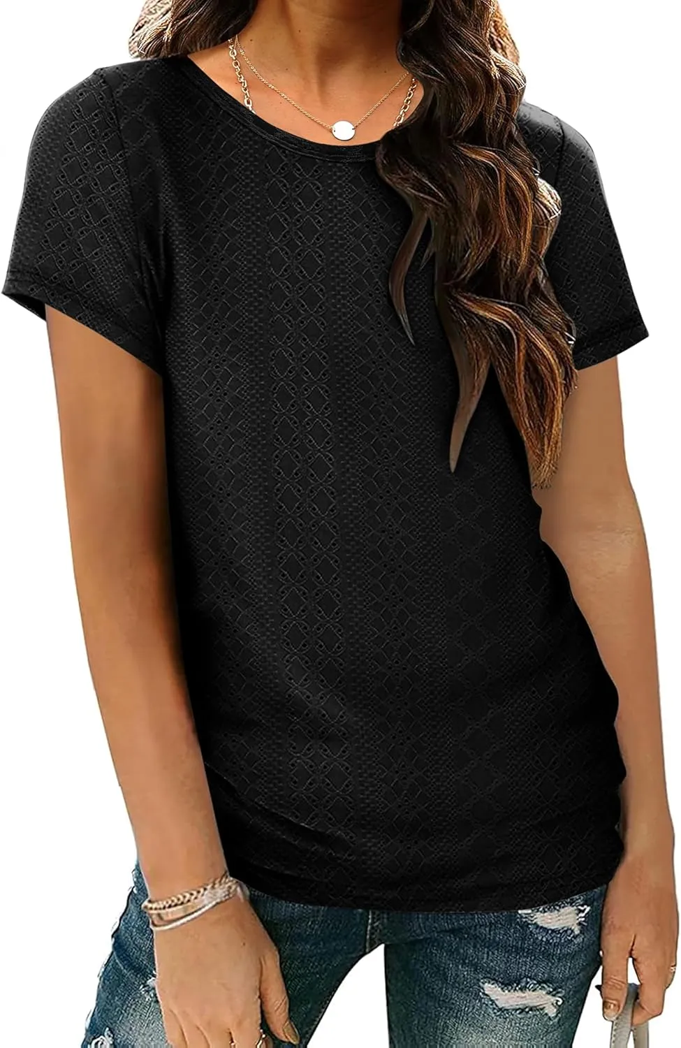 OFEEFAN Short Sleeve Tshirts for Women Summer Eyelet Short Sleeve Tops Loose Casual Basic Tee