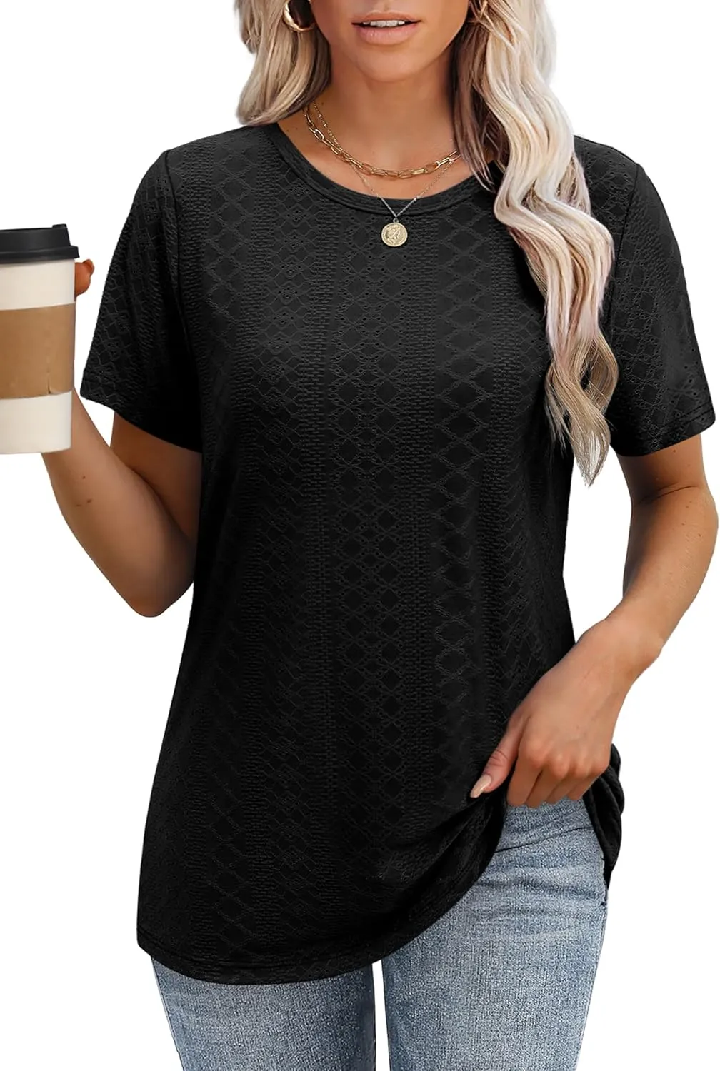 OFEEFAN Short Sleeve Tshirts for Women Summer Eyelet Short Sleeve Tops Loose Casual Basic Tee