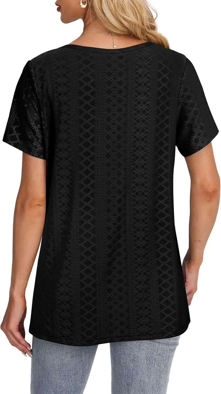 OFEEFAN Short Sleeve Tshirts for Women Summer Eyelet Short Sleeve Tops Loose Casual Basic Tee