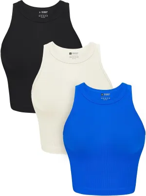 OLCHEE Womens 3 Pack Crop Tank Tops Basic Seamless Ribbed Round High Neck Racerback Workout Top Summer Causal Yoga Gym Shirts