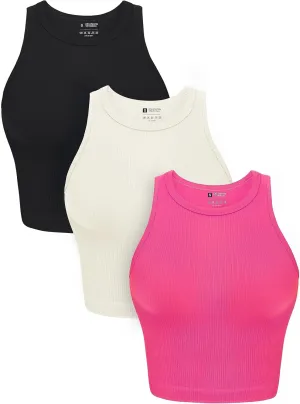 OLCHEE Womens 3 Pack Crop Tank Tops Basic Seamless Ribbed Round High Neck Racerback Workout Top Summer Causal Yoga Gym Shirts