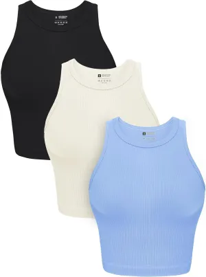 OLCHEE Womens 3 Pack Crop Tank Tops Basic Seamless Ribbed Round High Neck Racerback Workout Top Summer Causal Yoga Gym Shirts