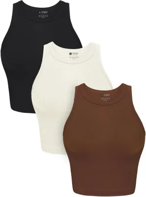 OLCHEE Womens 3 Pack Crop Tank Tops Basic Seamless Ribbed Round High Neck Racerback Workout Top Summer Causal Yoga Gym Shirts