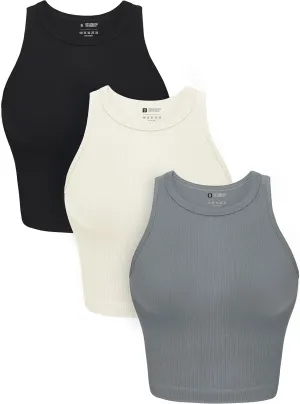 OLCHEE Womens 3 Pack Crop Tank Tops Basic Seamless Ribbed Round High Neck Racerback Workout Top Summer Causal Yoga Gym Shirts