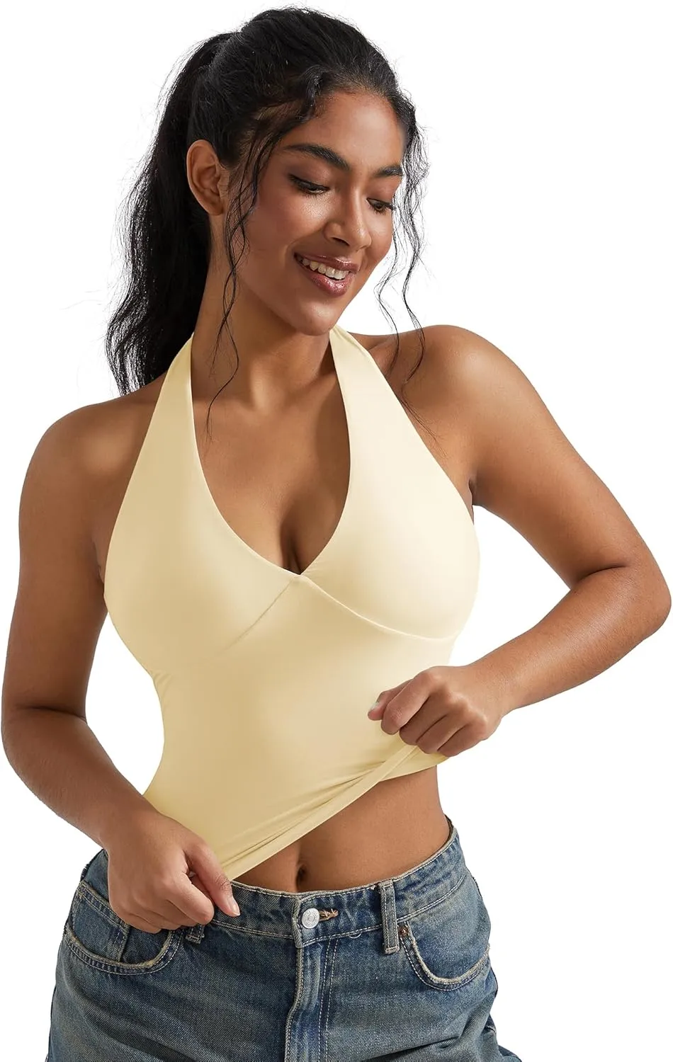 OMKAGI Womens Tank Tops Sexy Halter V Neck Going Out Tops Sleeveless Y2K Crop Top