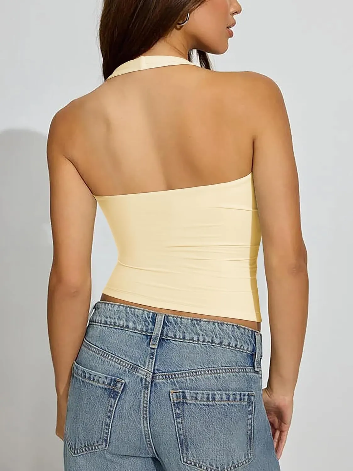 OMKAGI Womens Tank Tops Sexy Halter V Neck Going Out Tops Sleeveless Y2K Crop Top