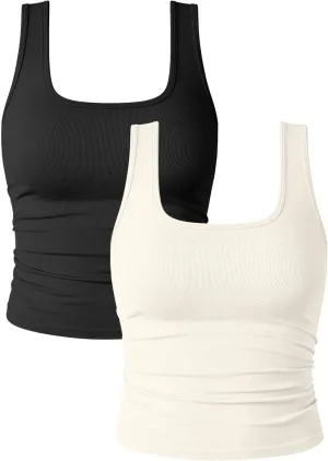 OQQ Womens 2 Piece Shirts Ruched Sleeveless Square Neck Seamless Stretch Fit Basic Tee Tops