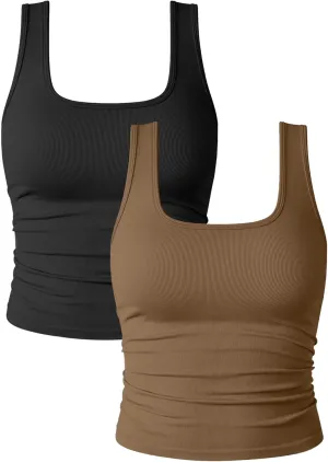 OQQ Womens 2 Piece Shirts Ruched Sleeveless Square Neck Seamless Stretch Fit Basic Tee Tops